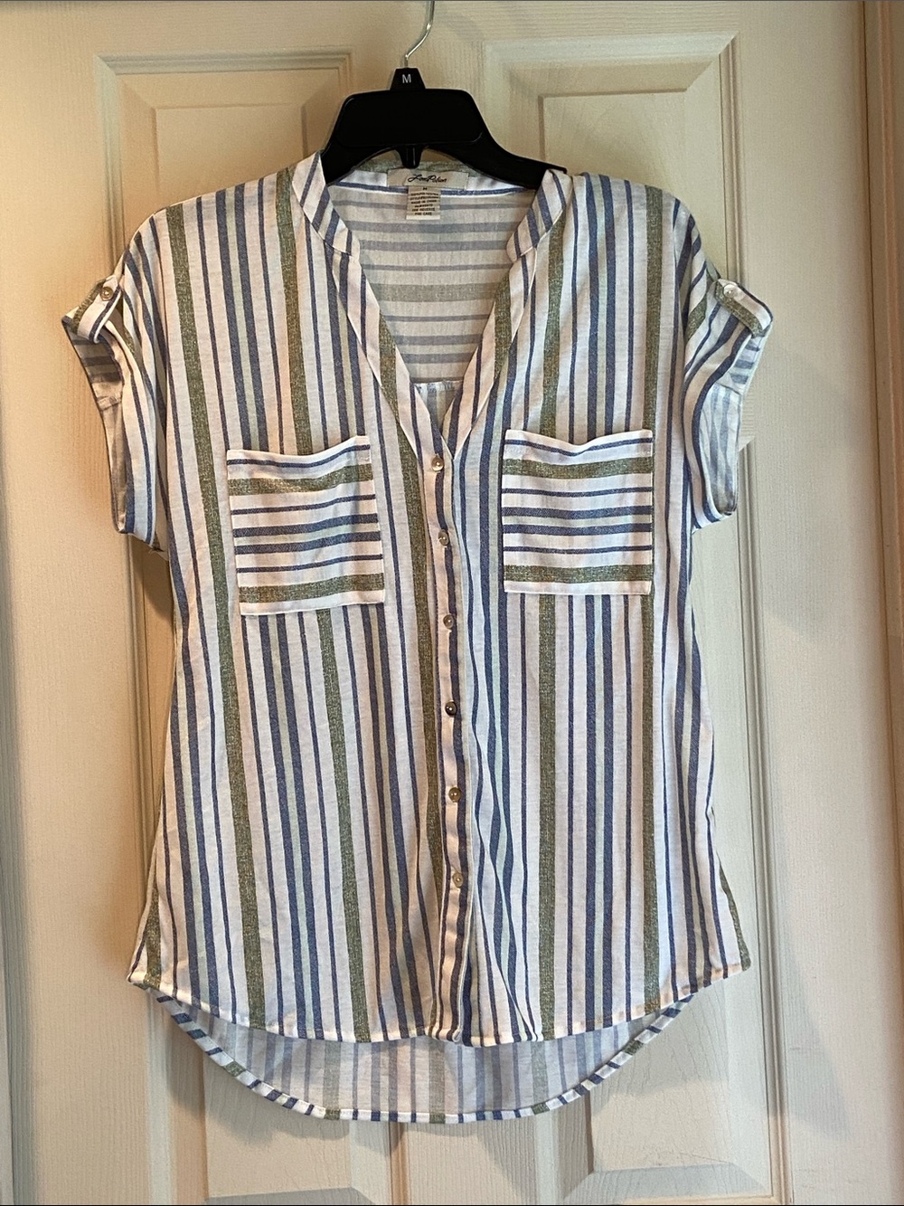 Striped Short-Sleeve Button Front Blouse in Light Blue & Olive - Picture 1 of 10